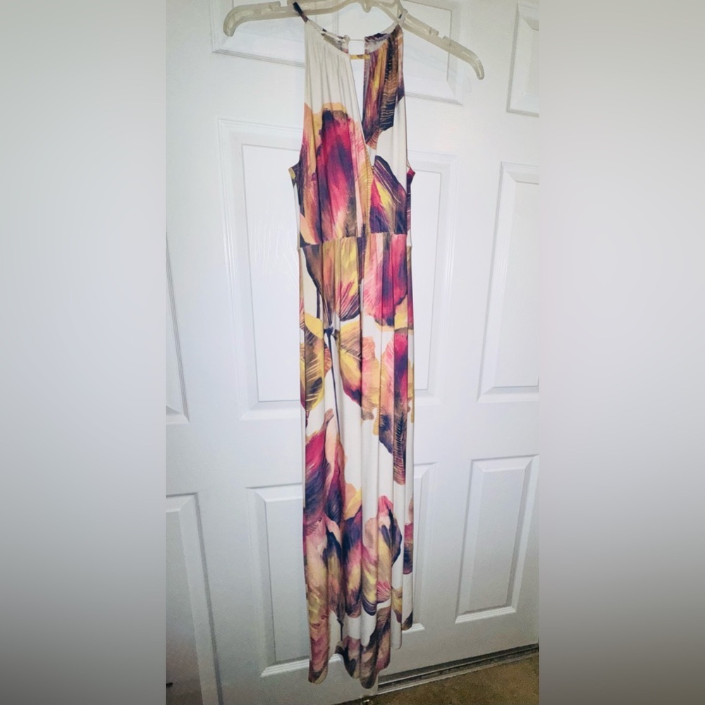 London Times Abstract Floral Halter Maxi Dress Size 6 Raw Hem